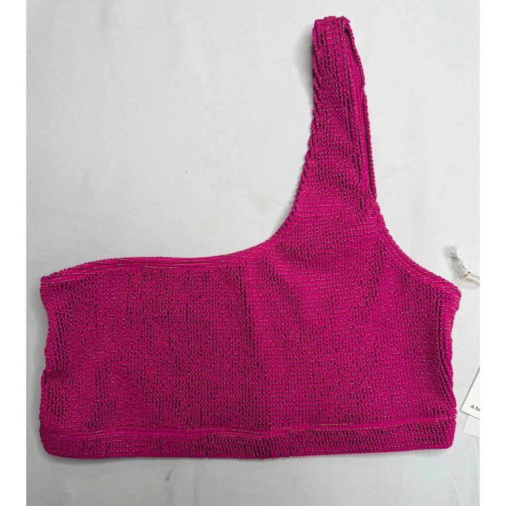 Good American One Shoulder Bikini Size US L XL Fuchsia Pink Metallic NWT
